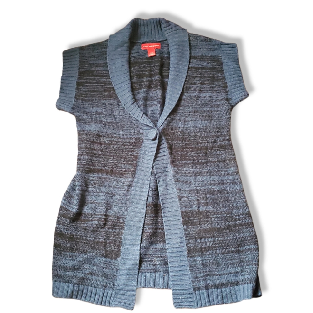 Blue Black Striped Short Sleeve Long Cardigan Women Large Single Button Sweater